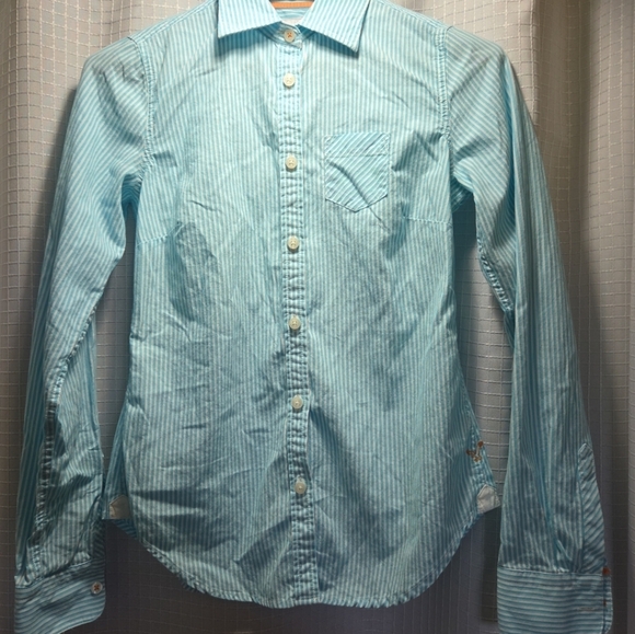 American Eagle Top Womens Size 2 Favorite Shirt Aqua White Striped Button Front - Picture 1 of 7